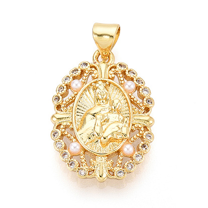 Латунные микро проложить кубического циркония подвески, с ABS имитации жемчуга, овальные с рисунками " virgin mary"