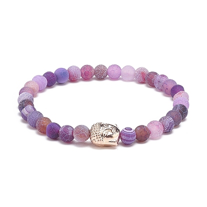 6Pcs 6 Color Natural Weathered Agate(Dyed) Round & Alloy Buddha Head Beaded Stretch Bracelets Set, Gemstone Stackable Bracelets for Women