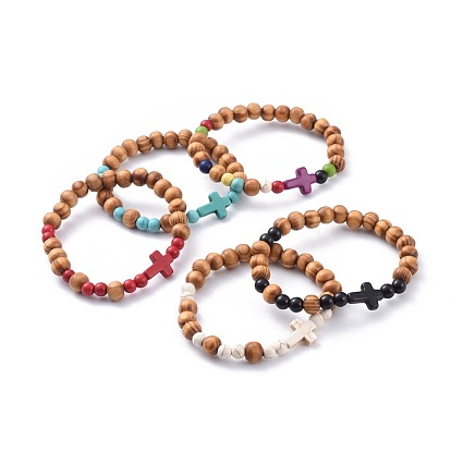 Stretch Bracelets, with Wood Beads and Synthetic Turquoise(Dyed) Beads, Cross