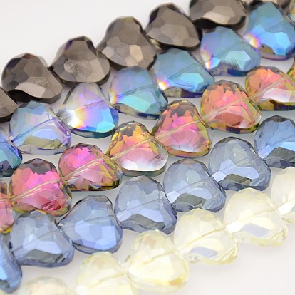 Faceted Heart Electroplate Rainbow Plated Glass Beads Strands, 16.5x19.5x9mm, Hole: 1mm, about 40pcs/strand, 24.4 inch