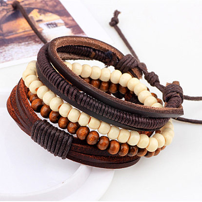 Adjustable Braided Leather Cord Wooden Beaded Multi-strand Bracelets, Stackable Bracelets, 4 Strands/set, 60mm, 180~200mm