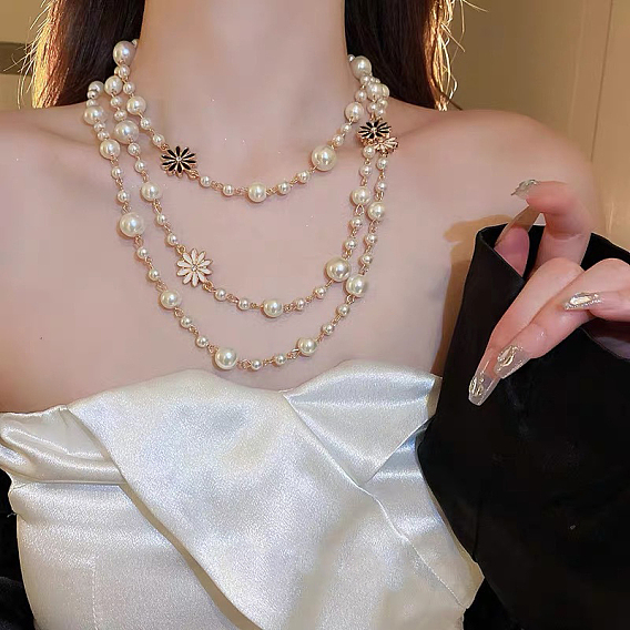 Длинные ожерелья из сплава и пластика с имитацией жемчуга, круглые бусины, звенья цепи для женщин, белые