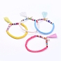 Stretch Charm Bracelets, with Polymer Clay Heishi Beads, Cotton Thread Tassels, Glass Pearl Beads and Brass Beads