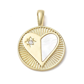 Pendentifs en laiton zircon cubique transparent, avec coque blanche naturelle, rond plat avec breloques coeur, plaqué longue durée, crémaillère plaquage, sans plomb et sans cadmium