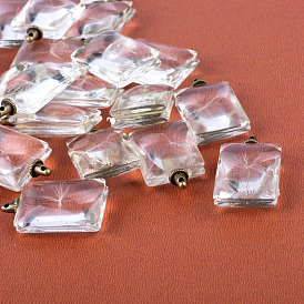 Rectangle Alloy Glass Pendants, Cadmium Free & Lead Free, with Dried Dandelion Inside, For Dandelion Wish Necklaces Making