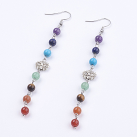 Chakra-Schmuck, natürliche und synthetische Edelstein Ohrringe, mit tibetischen Stil Anhänger und 304 Edelstahl Ohrhaken, Runde und Lotus