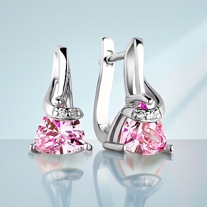Boucles d'oreilles créoles en argent sterling avec triangle s925, avec zircone rose, pour la fête des mères
