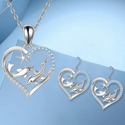 Ожерелья и серьги-подвески из сплава «сердце с дельфином» и стразами для женщин