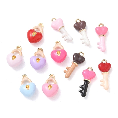 Alloy Enamel Pendants, Heart Lock/Key Charms, Golden