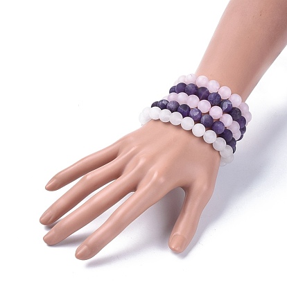 Natural Gemstone Beads Stretch Bracelets, with Natural White Jade, Frosted Natural Rose Quartz and Frosted Natural Amethyst, Packing Box