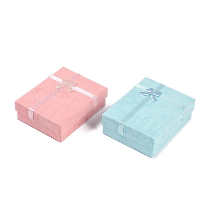 Cardboard Jewelry Set Boxes, for Necklace, Ring, Earring Packaging, with Bowknot Ribbon Outside and White Sponge Inside, Rectangle