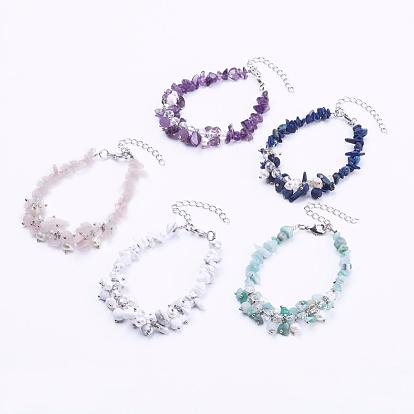 Natürliche Edelstein-Chip & Matt runden Perlen Armbänder, mit Klasse A  Perlen, facettierte Glasperlen und Messingfunde, Platin Farbe