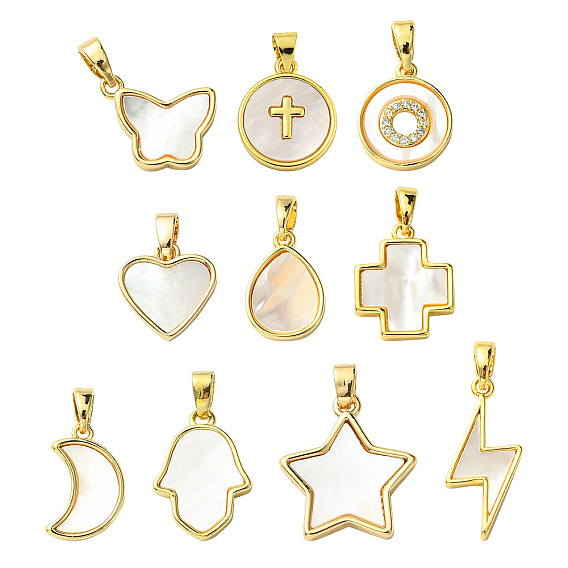 10Pcs 10 Styles Brass Pave Natural White Shell Pendants, Mixed Shapes
