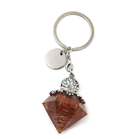 Reiki Energy Natural Gemstone Chips in Resin Diamond Shape Pendant Keychain, with Tree of Life Charm