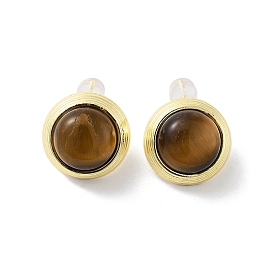 Natural Tiger Eye Ear Studs, with Brass and 925 Sterling Silver Pins, Half Round