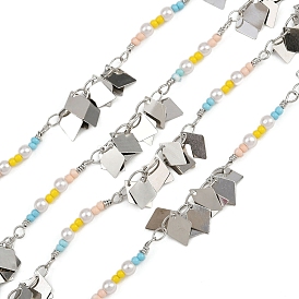 Латунные ромбозвенные цепи, со стеклянными и АБС-бусинами, имитирующими жемчуг, долговечный, стойки покрытие, без свинца и без кадмия, несварные, ручной работы из бисера цепи