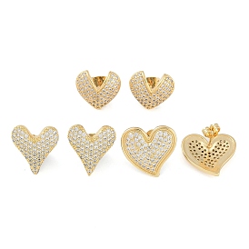 Brass Pave Clear Cubic Zirconia Stud Earrings for Women, Heart