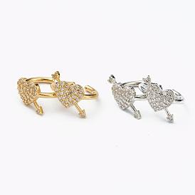 Brass Micro Pave Clear Cubic Zirconia Cuff Earrings, Heart with Arrow