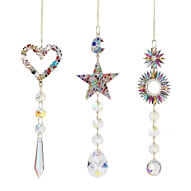 Alloy Rhinestone Heart/Star/Ring Hanging Ornaments, Glass Cone/Teardrop/Round Tassel for Home Garden Outdoor Decorations