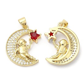 Eco-Friendly Brass Micro Pave Cubic Zirconia Pendants, with Glass Lead Free & Cadmium Free, Moon Charm
