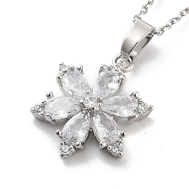 201 Stainless Steel Cable Chain Necklaces, Brass Clear Cubic Zirconia Flower Pendant Necklaces