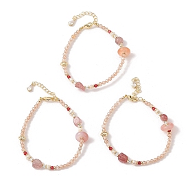 Natural Strawberry Quartz & Agate & Natural Pearl Beaded Bracelets, Brass Shell Shaped Bracelets for Women