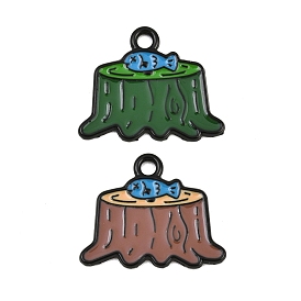 Alloy Enamel Pendants, Stump with Fish Charms, Black