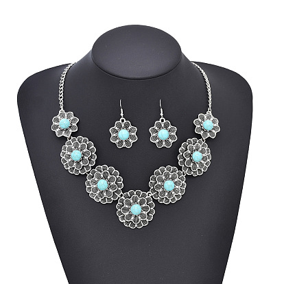 Комплект из ожерелья и сережек с подвеской из искусственной бирюзы в виде цветка, сплав ювелирных изделий