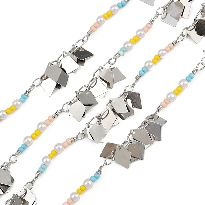 Латунные ромбозвенные цепи, со стеклянными и АБС-бусинами, имитирующими жемчуг, долговечный, стойки покрытие, без свинца и без кадмия, несварные, ручной работы из бисера цепи