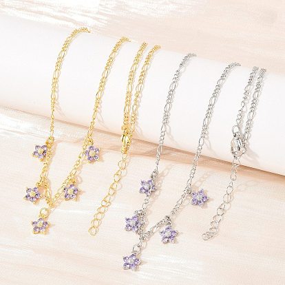 Женские колье-нагрудники с подвеской в виде цветка сиреневого цвета, украшенной кубическим цирконием и инкрустированной латунью., долговечный, стойки покрытие, без свинца и без кадмия