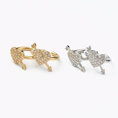 Brass Micro Pave Clear Cubic Zirconia Cuff Earrings, Heart with Arrow