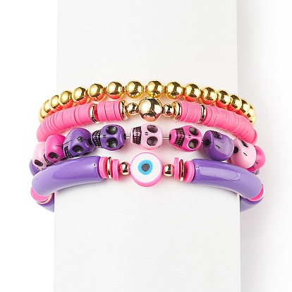 4Pcs 4 Style Acrylic Evil Eye & Plastic Skull & Synthetic Hematite Beaded Stretch Bracelets Set, Polymer Clay Heishi Surfer Preppy Bracelets for Women