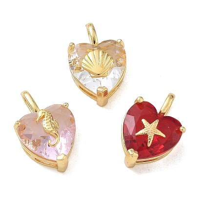 Anhänger aus Messing und Glas mit Meeresmotiven, facettiert Herz Charme, echt 18 k vergoldet