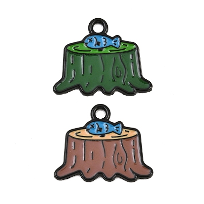 Alloy Enamel Pendants, Stump with Fish Charms, Black