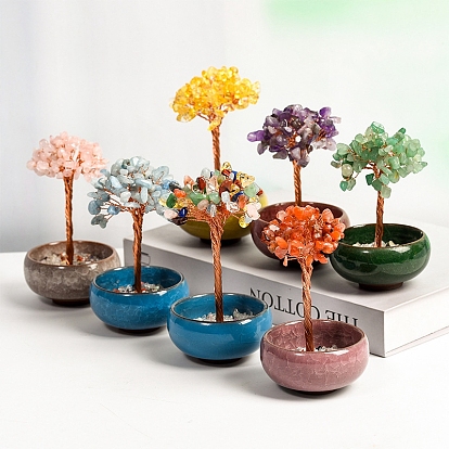 Undyed Natural Gemstone Chips Tree of Life Display Decorations, with Random Color Porcelain Bowls, Copper Wire Wrapped Feng Shui Ornament for Fortune