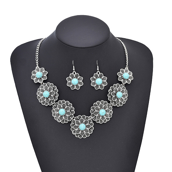 Комплект из ожерелья и сережек с подвеской из искусственной бирюзы в виде цветка, сплав ювелирных изделий