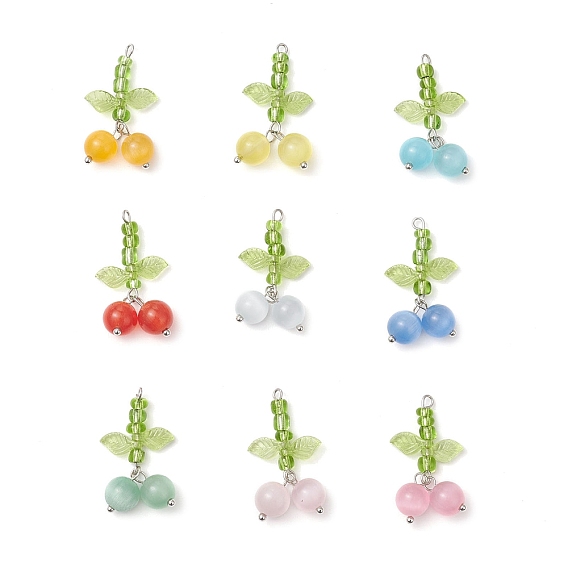 9шт. подвески кошачий глаз, вишня, с акриловым, стеклянным и платиновым соединительным кольцом