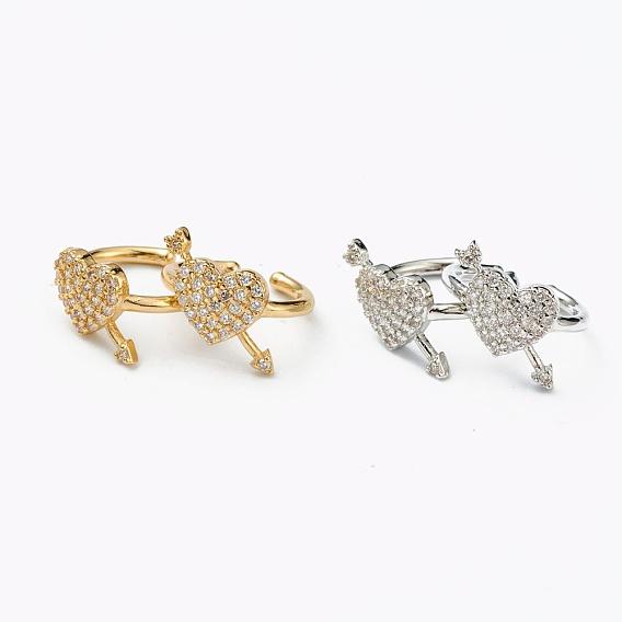 Brass Micro Pave Clear Cubic Zirconia Cuff Earrings, Heart with Arrow
