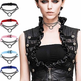 Dark Punk Leather Collar Necklace with Round Rings and Chain for Street Style