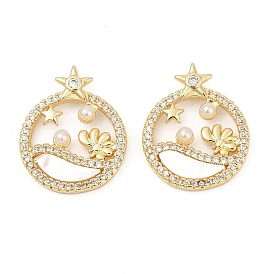 Латунные микро проложить кубического циркония подвески, с ракушкой и жемчужиной из АБС-пластика, плоские круглые прелести, без кадмия и без свинца, долговечный, стойки покрытие