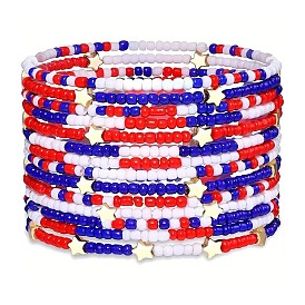 14Pcs Red White Blue Seed Bead Stretch Bracelets Set for Independence Day, with Star Beads