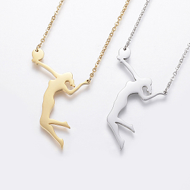 304 Stainless Steel Pendant Necklaces, with Lobster Claw Clasps, Volleyball Player