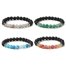 4Pcs 4 Color Natural Dyed Crackle Agate & Lava Rock Round Beaded Stretch Bracelets Set, Stackable Bracelets