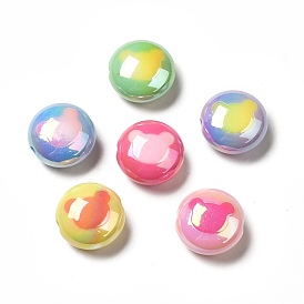 Two Tone UV Plating Rainbow Iridescent Acrylic Beads, Flat Round with Bear
