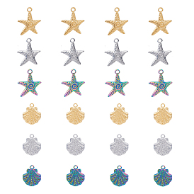 24Pcs 6 Style 304 Stainless Steel Pendants, Shell & Starfish Shape