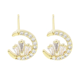 Brass Pave Clear Cubic Zirconia Stud Earring, Moon