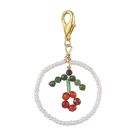 Ring Handmade Glass Seed Beads Pendant Decorations, Natural Gemstone Flower & Lobster Clasp Charms for Bag Ornaments