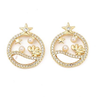 Латунные микро проложить кубического циркония подвески, с ракушкой и жемчужиной из АБС-пластика, плоские круглые прелести, без кадмия и без свинца, долговечный, стойки покрытие