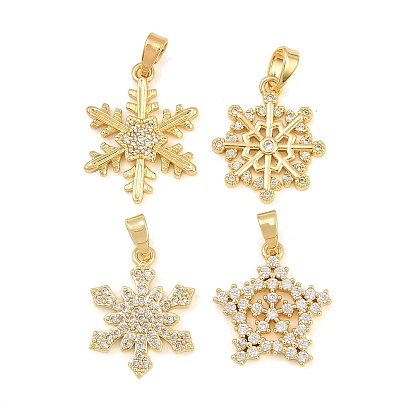 Brass Micro Pave Clear Cubic Zirconia Pendants, Christmas Snowflake Charms