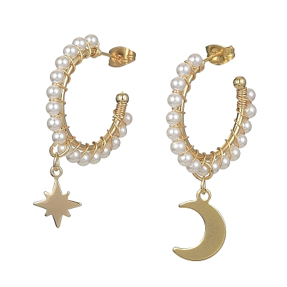 Star and Moon Asymmetrical Earrings, Alloy Stud Earrings, Shell Pearl Beaded Half Hoop Earrings